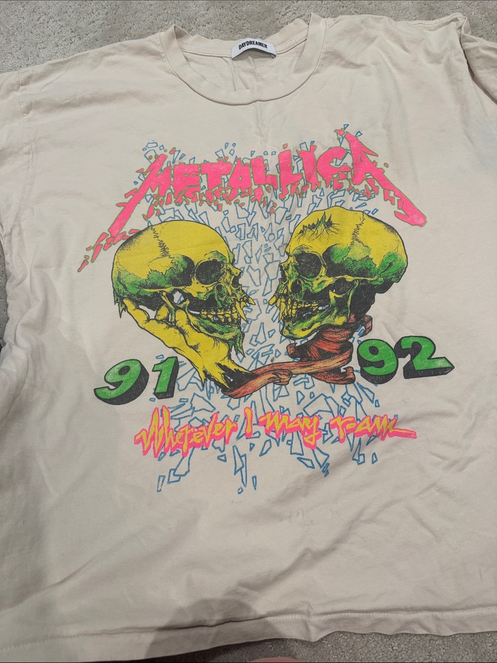Free People Beige Graphic Tee with Neon Skull Artwork